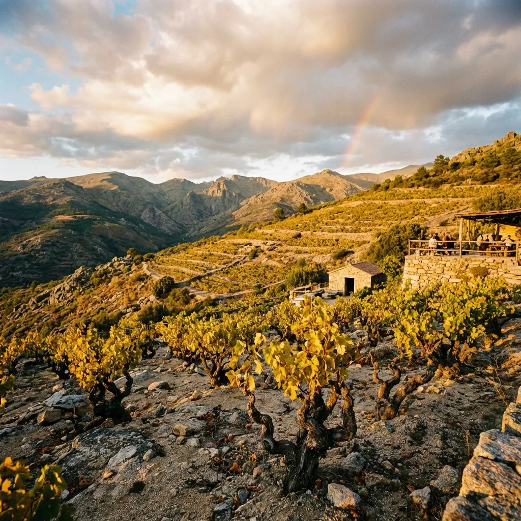 Viñedo panorámico Sierra de Gredos al atardecer